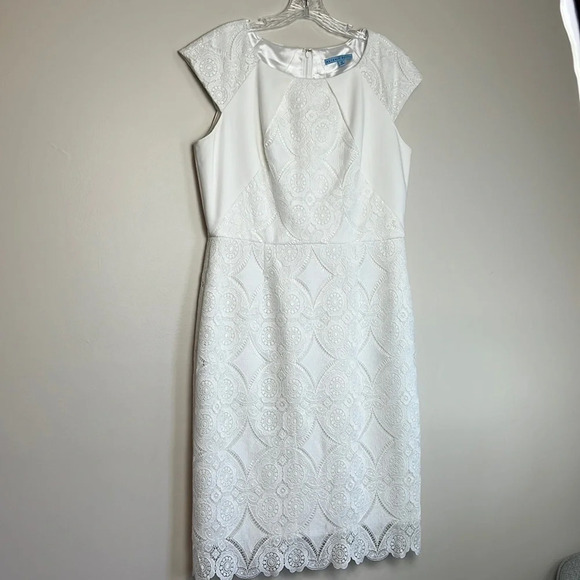 ANTONIO MELANI White Lace Cap-Sleeve Round Neck Sheath Dress Size 12 - Picture 1 of 10